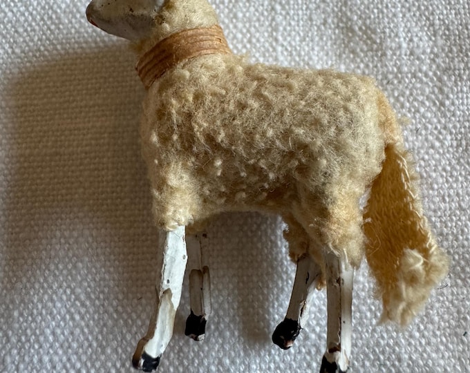 Vintage German Putz Sheep: Beige Collar, 2 1/4 x 2” , USED AS A TOY, Had a rough life