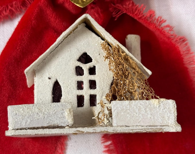 Vintage White and Red Plaid Roof Putz Church: 3 1/4 x 4, Japan 1950s