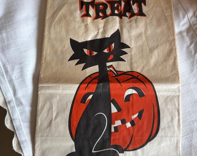 Vintage Halloween Trick or Treat Bag: Debbie Carryall Cat & Pumpkin