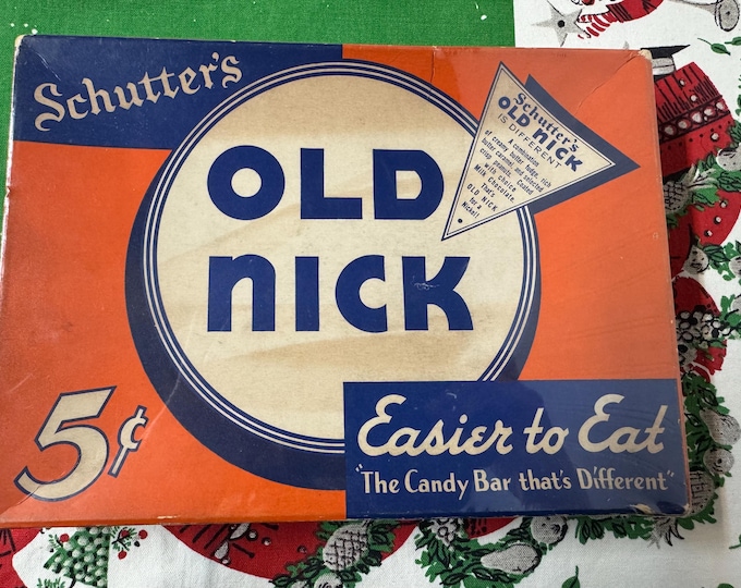 Vintage Shutter’s Old Nick Candy Box: Shutter Candy Co., Chicago, IL, Empty, 1940