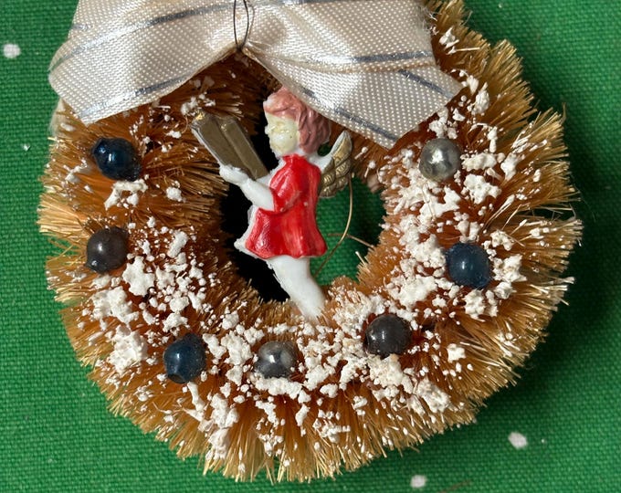 Vintage Yellow Bottle Brush Wreath with Angel: 3”, 1950s Japan