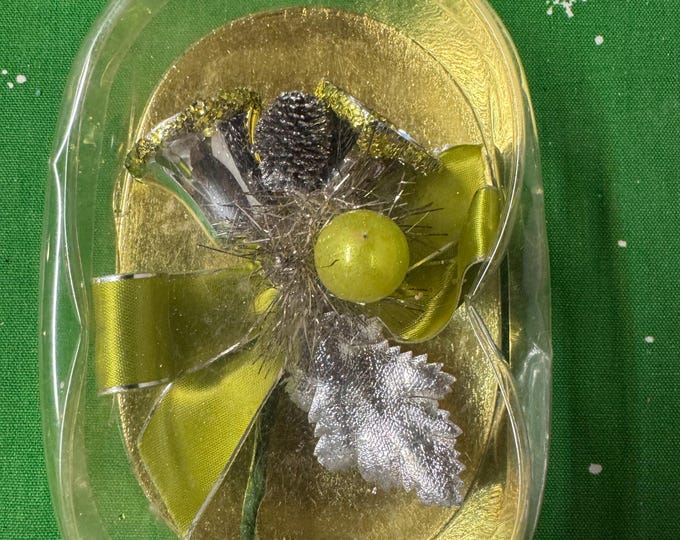 Vintage Chartreuse Christmas Corsage in Original Box: Bells,  Silver Leaves, Aqua Bell, Mercury Bead, Tinsel, Made in Japan Tag