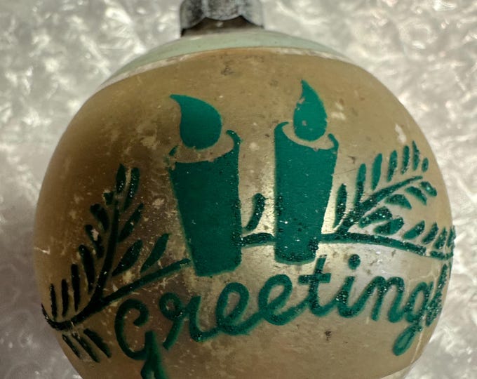 Vintage Glass Christmas Ornament: Seasons Greetings, Candles, Turquoise, 1950s
