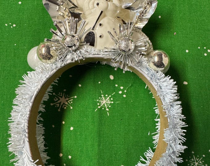 Handmade White Rosbro Snowman Christmas Headband: a unique mix of vintage and new materials