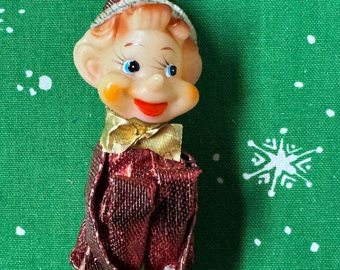 Vintage Red Lame Christmas Knee Hugger Pixie Elf: 6 inches, Japan Label