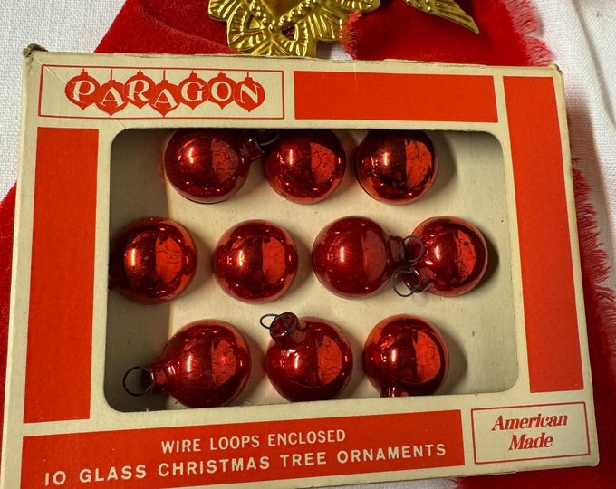 Vintage Paragon Christmas Small Red Ornaments in Box: 1 inch, No Cellophane, Japan, 1950