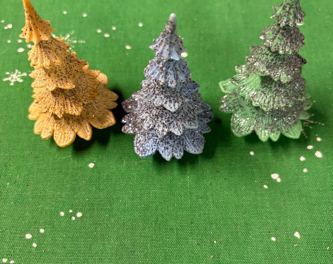 Vintage Set of 3 Mica Plastic Glitter Christmas Trees, Made in Hong Kong