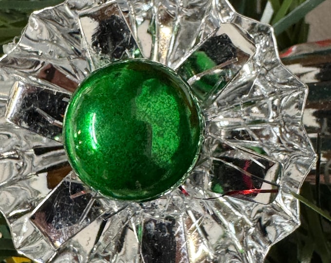 Handcrafted Vintage Mini Green & Silver Christmas Reflector Clip: Mercury Glass Ornament, Tinsel, 1 3/4”