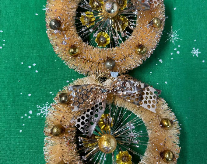2 Vintage Napco Gold Bottle Brush Wreaths: Atomic Mercury Bead Decor