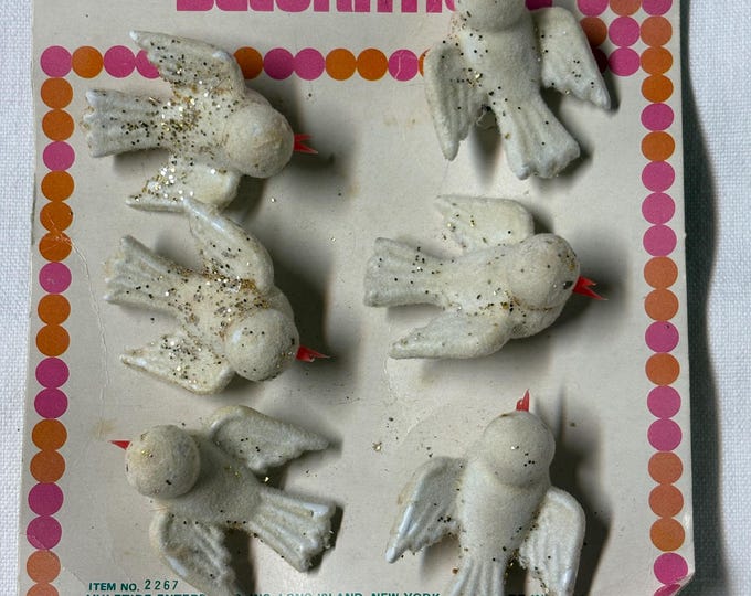 Vintage NOS Yuletide Flocked Glitter Dove Decorations, Hong Kong, 1950