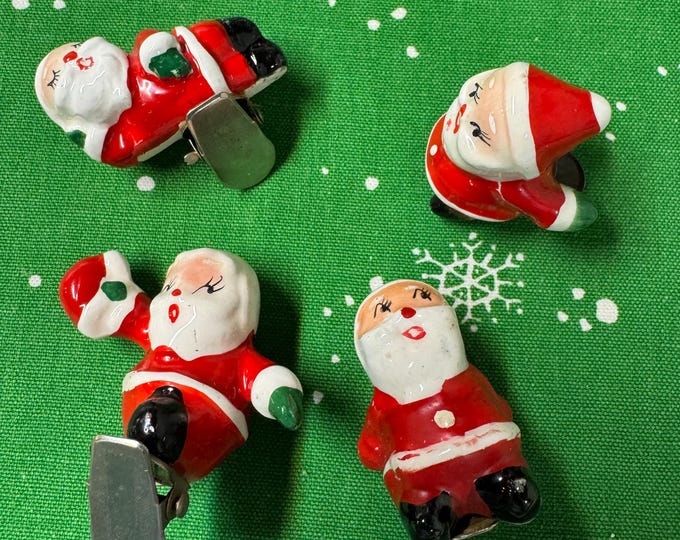 Vintage Holt Howard Santa Christmas Tree Clips, Ceramic Set of 4, 1950s