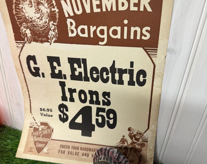 Vintage November Hardware Store Advertisement, November Bargains, GE Irons, 1940-50