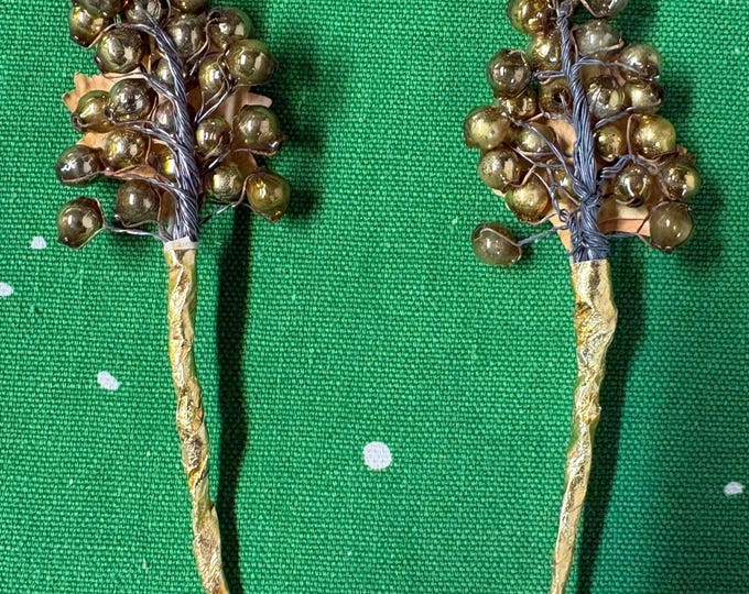 2 Vintage Gold Mercury Bead and Leaves Corsage and Package Picks: 4” Japan
