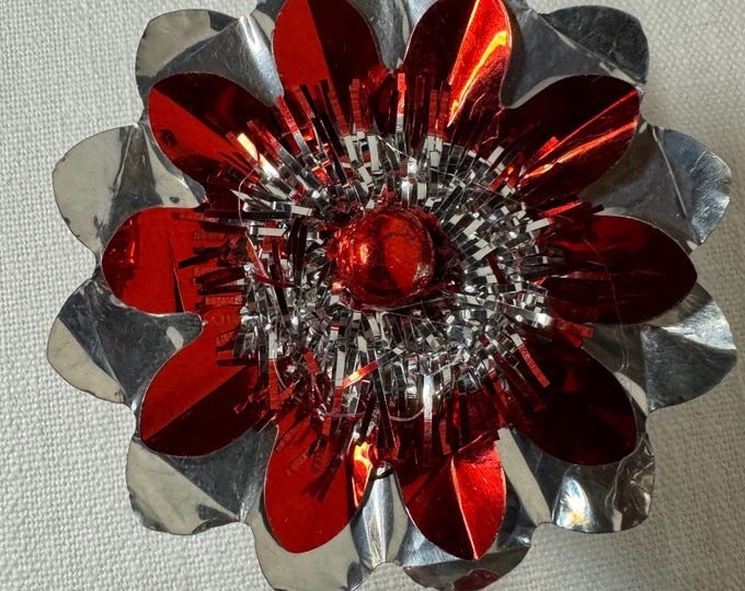 Handmade Vintage Silver & Red Christmas Reflector Clip: Mercury Glass Ornament, Tinsel, 3 1/4"