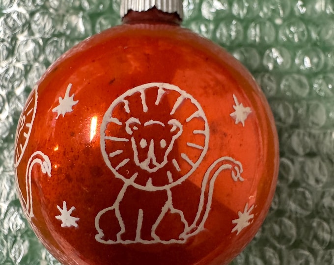 Vintage Shiny Brite Orange Circus Lion Stenciled Ornament:        3 inches, 1950s, Made In USA