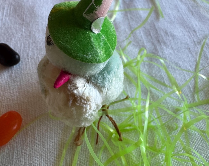 Vintage White and Aqua Chenille Chick with Green Party Hat: 1950, Japan