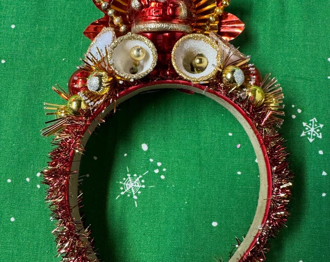 Handmade Santa Christmas Headband: Red, Gold Stars & Vintage Accents