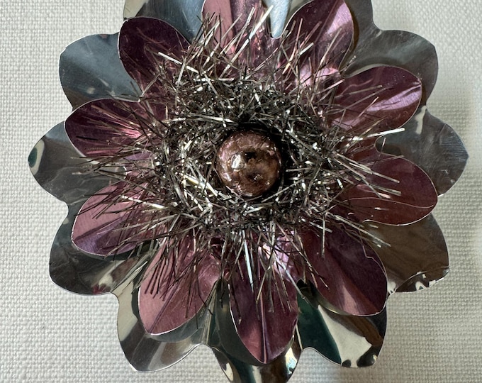 Handmade Vintage Silver & Pink Christmas Reflector Clip: Mercury Glass Ornament, Tinsel, 3 1/4"