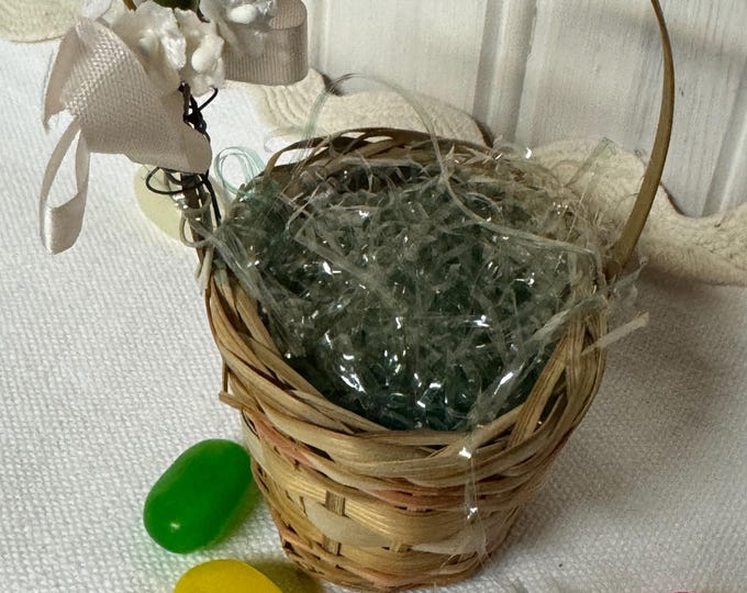 Vintage Mini Easter Woven Basket with Vintage Millinery Flowers and Satin Bow: 1950-1960s