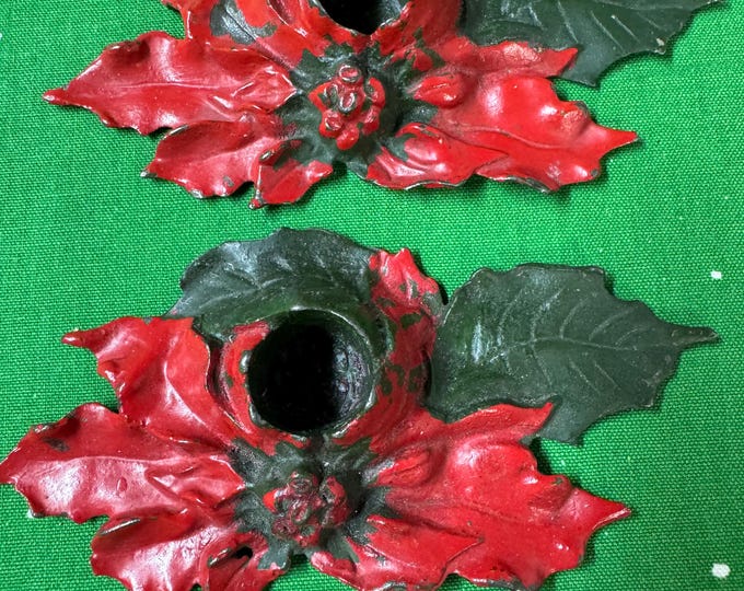 Vintage LVL Pair of Cast Iron Poinsettia Candleholders: Patented 10-18-22