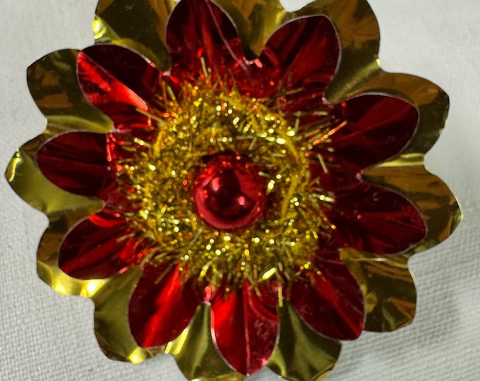 Handmade Vintage Gold & Red Christmas Reflector Clip: Mercury Glass Ornament, Tinsel, 3 1/4"