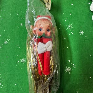 Vintage Kneehugger Elf: Red Christmas Tree Topper with Gold Tinsel (NOS)