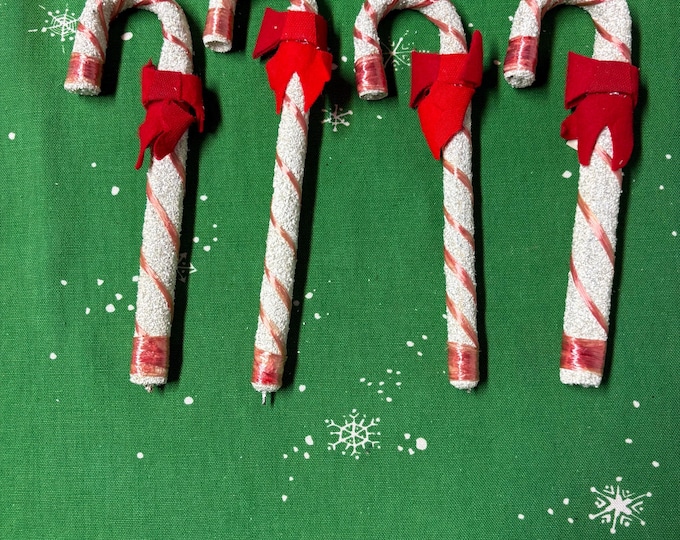 Set of 4 Vintage Candy Canes: Coconut Textured, Red Bow, Japan Decorations