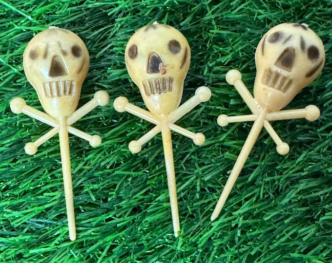 3 Skeleton Heads Cupcake Toppers: 1950-Marked 773 Hong Kong