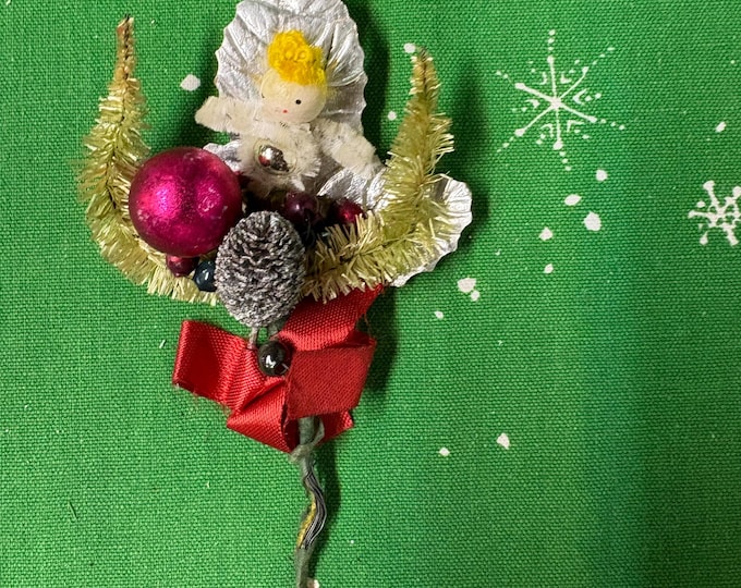 Vintage Spun Cotton Angel Christmas Corsage, Pinecone, Beads, Japan Tie