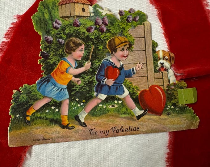 Vintage Girl and Boy with Hiding Dog Movable Valentine: 1940, Germany