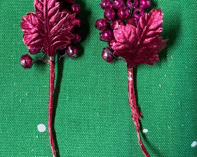 2 Vintage Fuschia Mercury Bead and Leaves Corsage and Package Picks: 4” Japan