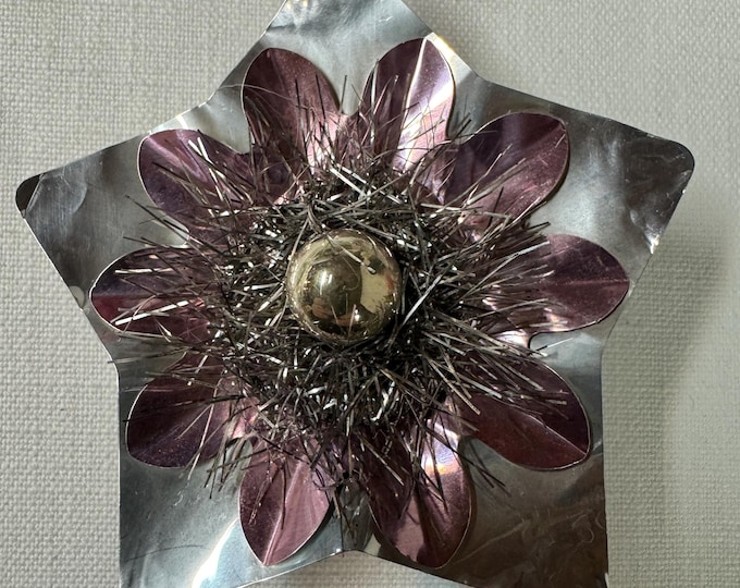 Handmade Vintage Silver & Pink Christmas Star Reflector Clip: Mercury Glass Ornament, Tinsel, 3 1/4"