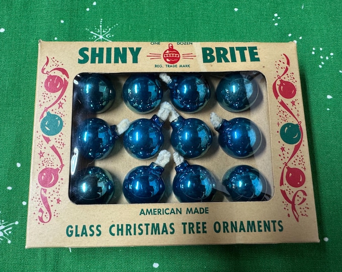Vintage Shiny Brite Blue Christmas Ornaments: 1-Inch, Set of 12, 1963 Box