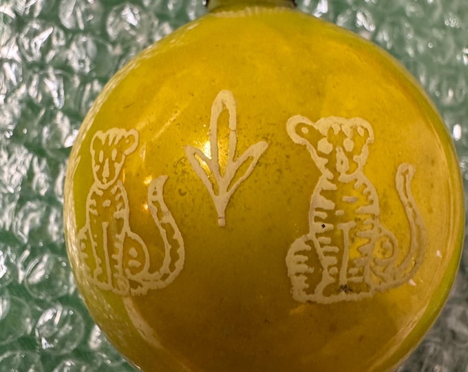 Vintage Shiny Brite Yellow Circus Tiger Stenciled Ornament:        3 inches, 1950s, Made In USA