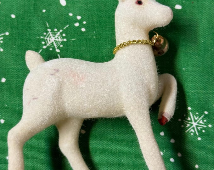 Vintage Large White Flocked Reindeer: Gold Antlers, Bell, pink Ears