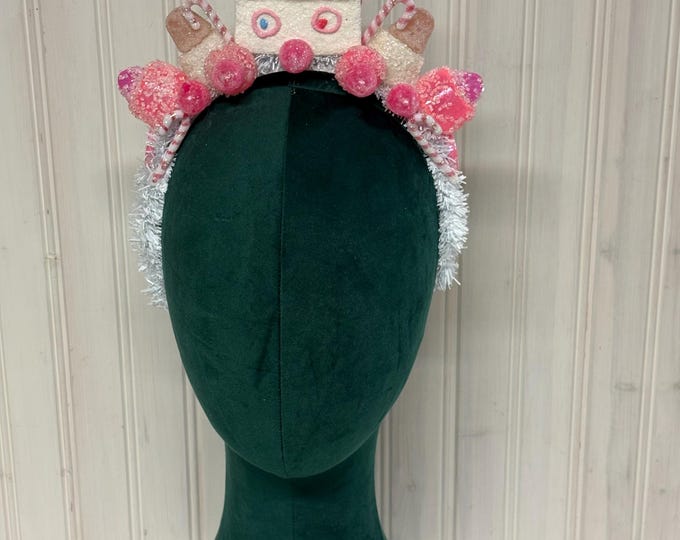 Handcrafted White and Pink Sugar Iced Gumdrop Candy Gingerbread House Christmas Headband