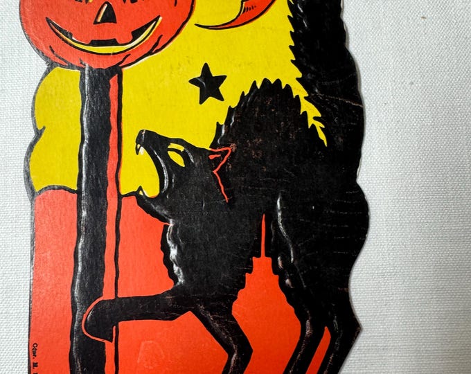 Vintage H.E. Luhrs Halloween Die Cut: Spooky Cat & Pumpkin Decoration