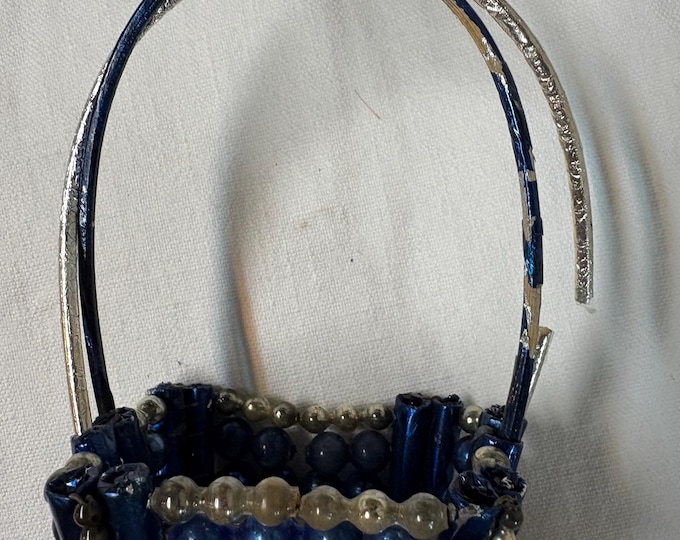 Vintage Blue Mercury Glass Oblong Bead Basket: 20inches, 1940