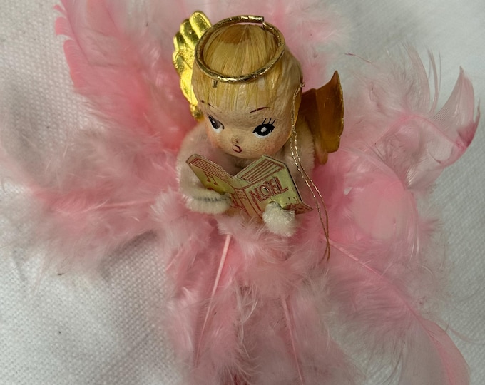 Vintage Pink Feather Angel Holding a Noel Songbook: 1950