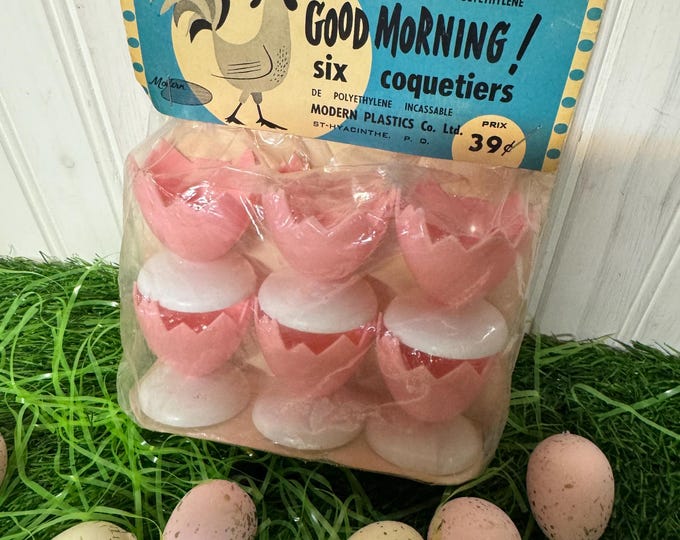 Vintage NOS Six Pink and White Plastic Egg Cups: Canada, Kitsch