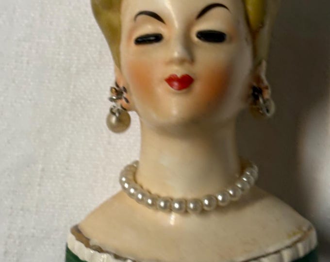 Vintage Artmark Head Vase: Woman with Hat, Pearls, Green Dress, Japan