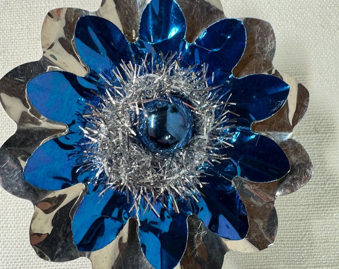 Handmade Vintage Silver & Blue Christmas Reflector Clip: Mercury Glass Ornament, Tinsel, 3 1/4"