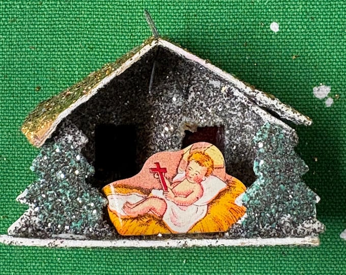 Vintage Small Mica Putz Manger Nativity with Baby Jesus, 1950, Japan