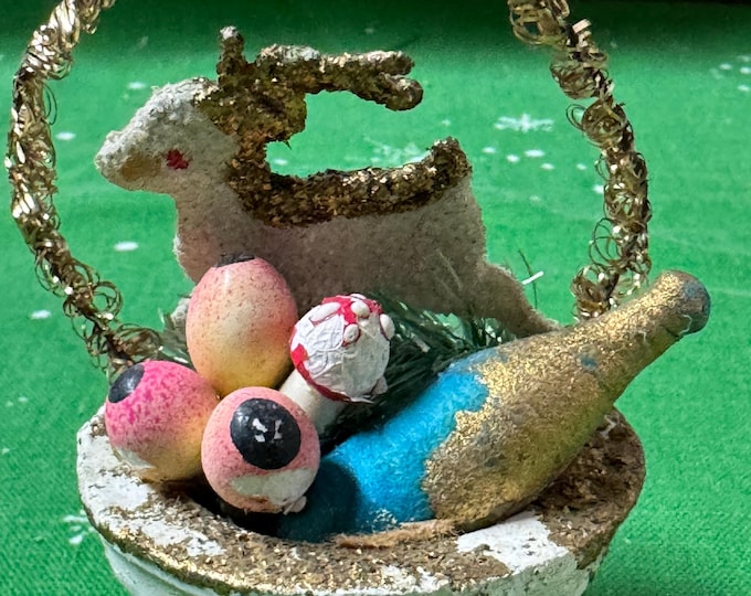 Vintage Basket with Champagne Bottle and Fruit, Reindeer Christmas Ornament: Japan, Mica, Unmarked, 1950