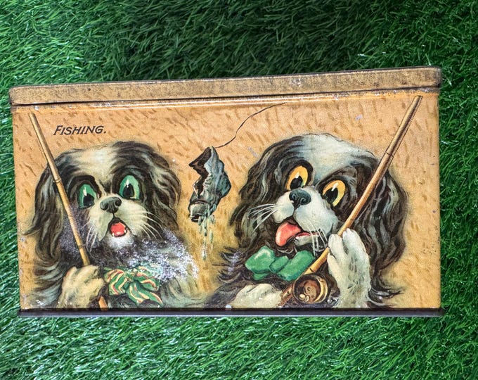 Antique English Candy Tin with Dogs Playing Sports Box: Unmarked, English