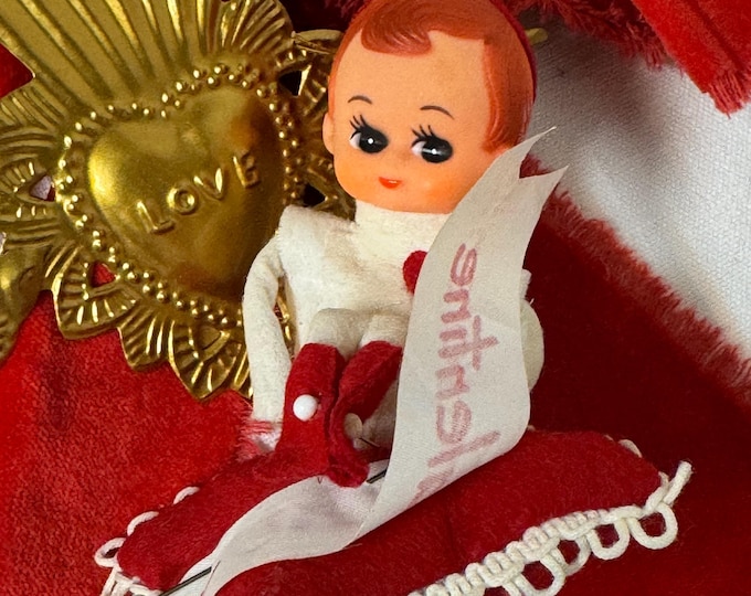 Vintage Valentine’s Pixie Knee Hugger on a Pillow: Label, 6 x 3 1/2 inches