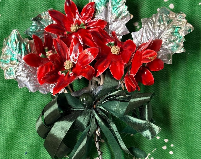 Vintage Poinsettia and White Leaves Christmas Corsage Craft or Package Tie: Japan