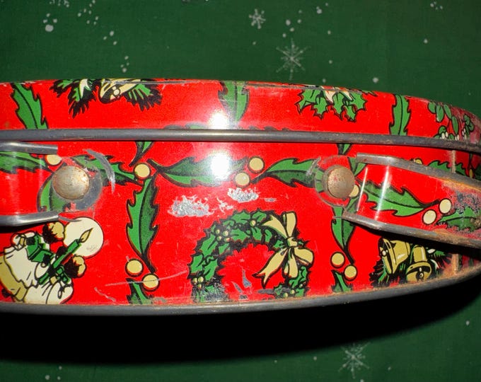 Vintage Christmas Brandle & Smith Handled Candy Tin, Distributed by Ludens, Reading,  PA, 1950