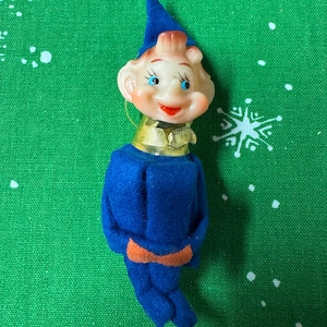 Vintage Small Blue Christmas Knee Hugger Pixie Elf, Japan Label, 4.5&quot;