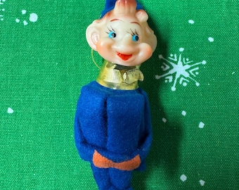Vintage Small Blue Christmas Knee Hugger Pixie Elf, Japan Label, 4.5&quot;
